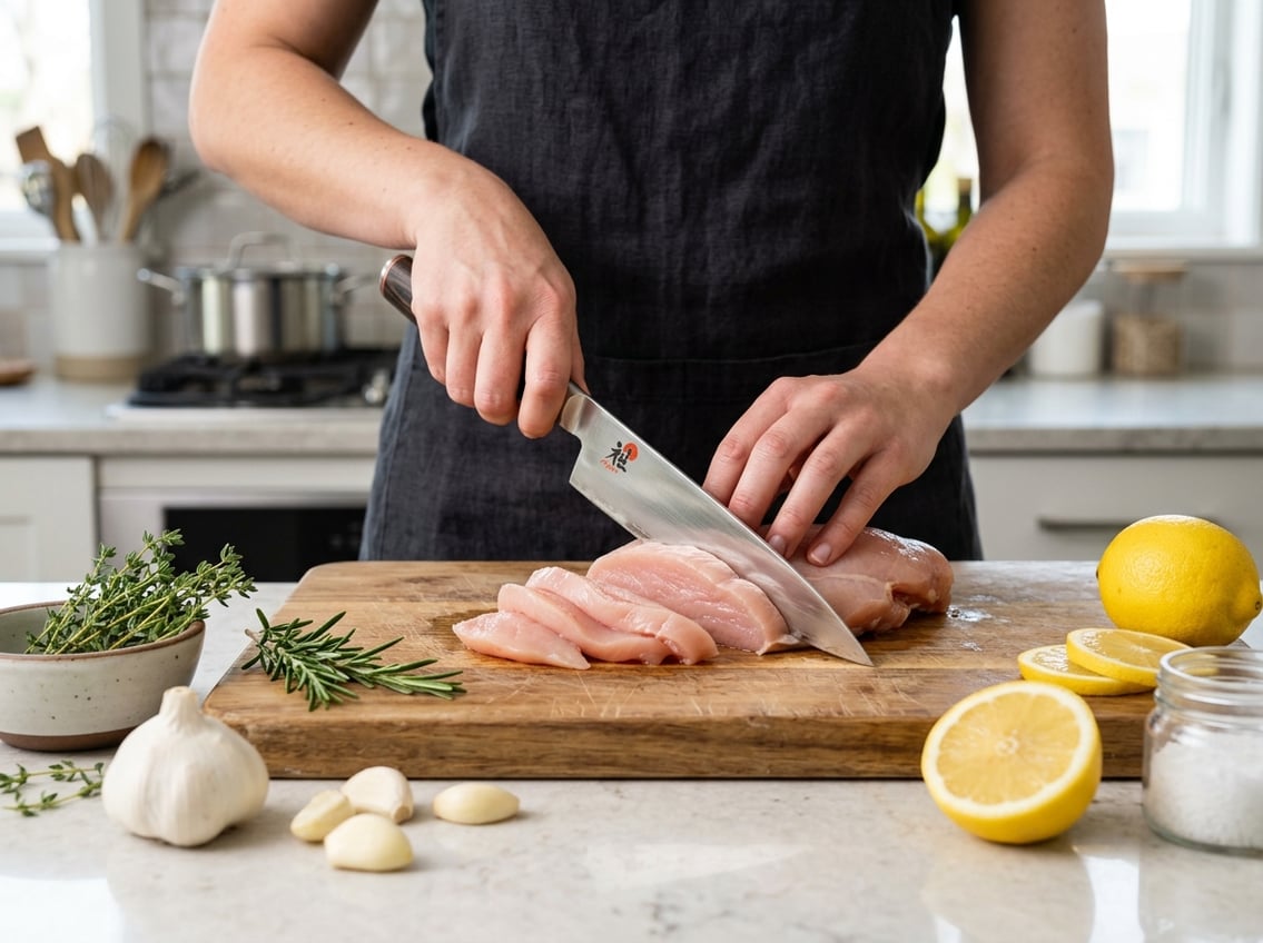 Hands cutting a raw chicken breast into pieces on a cutting board with fresh ingredients nearby.