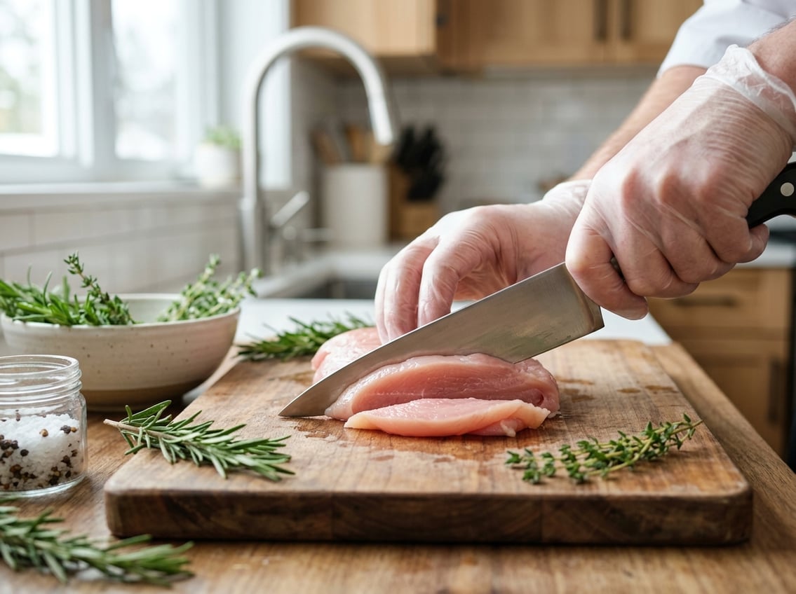 Close-up of a raw chicken breast being sliced on a wooden cutting board with a chef's knife in a kitchen setting.