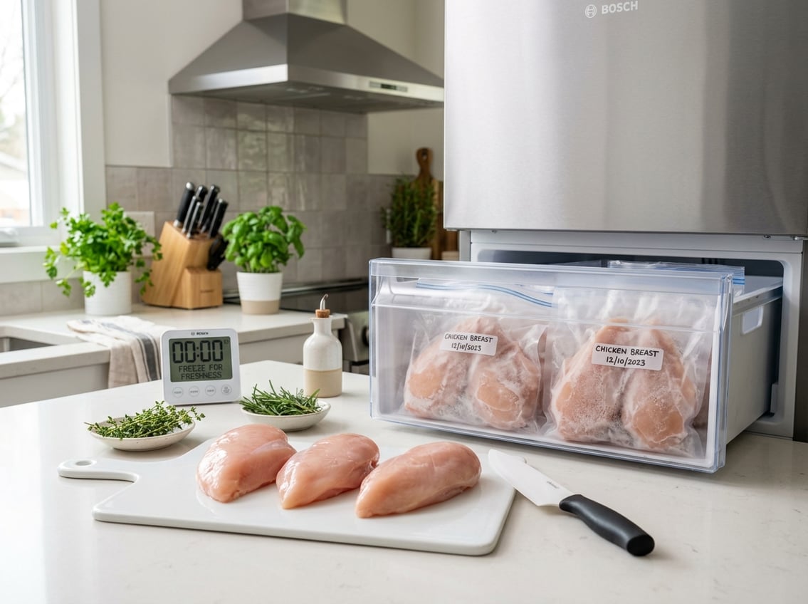 Fresh raw chicken breasts on a cutting board next to a freezer drawer with vacuum-sealed chicken packages in a clean kitchen.