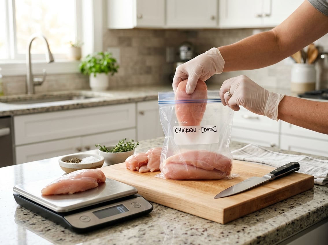 Hands placing raw chicken breasts into a clear freezer bag on a kitchen countertop with a cutting board, knife, and kitchen scale nearby.