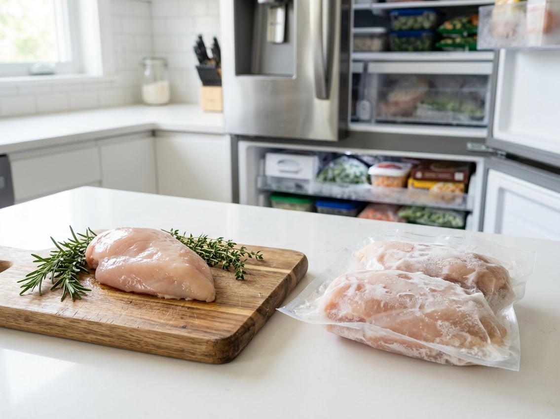 Fresh and frozen chicken breasts on a kitchen countertop with herbs and a freezer drawer in the background.