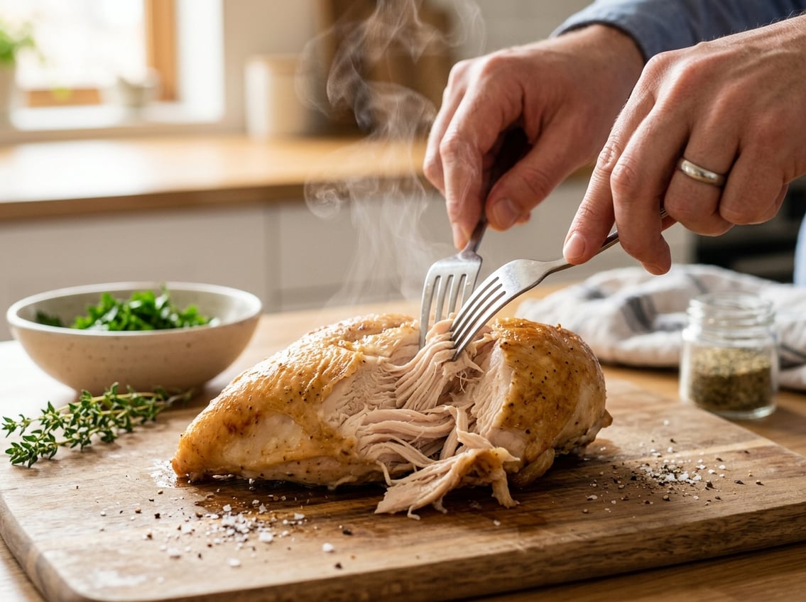Close-up of hands pulling apart a cooked chicken breast with forks in a kitchen setting.