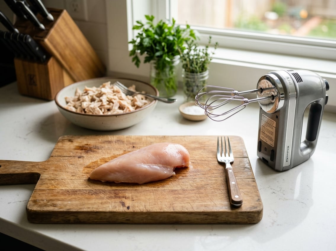 Raw chicken breast on a cutting board with a fork and hand mixer nearby on a kitchen countertop.