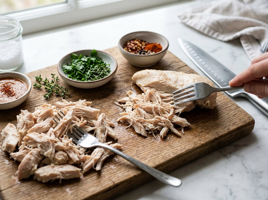 Close-up of shredded chicken breast on a cutting board with bowls of herbs and spices in a kitchen setting.