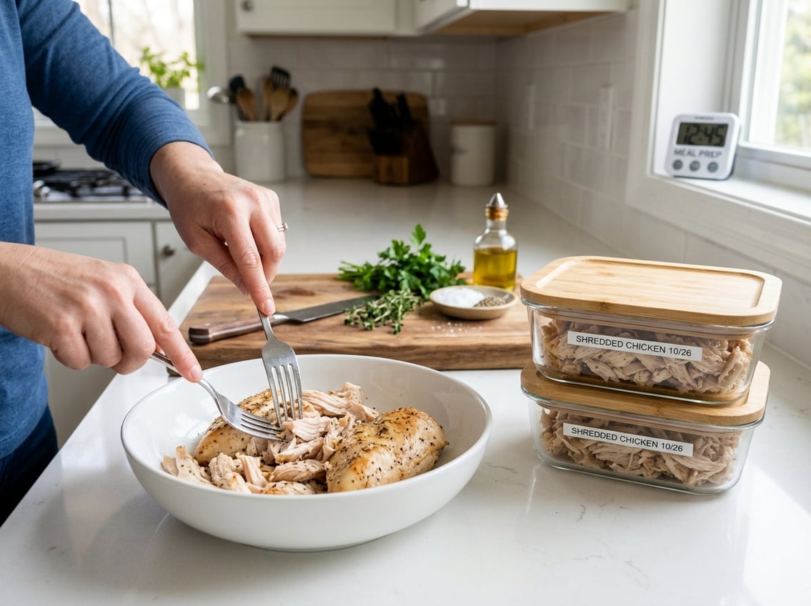 Hands shredding cooked chicken breast with two forks over a bowl, with glass containers of shredded chicken on a kitchen countertop.
