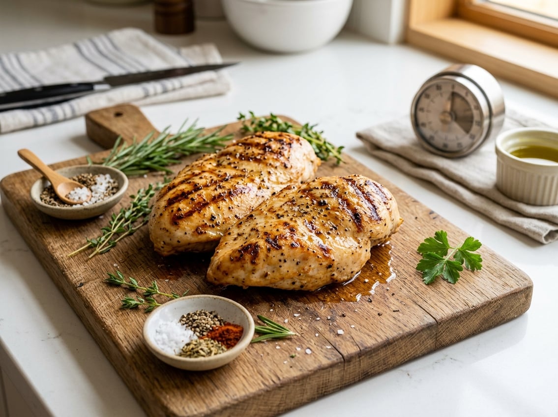 Close-up of cooked chicken breasts on a wooden cutting board with fresh herbs and a kitchen timer in the background.