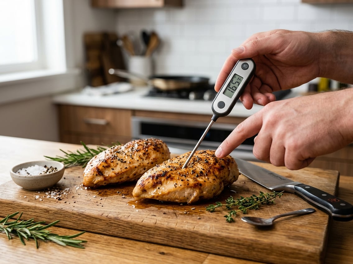 A close-up of cooked chicken breasts on a cutting board with a hand using a meat thermometer to check doneness in a kitchen setting.