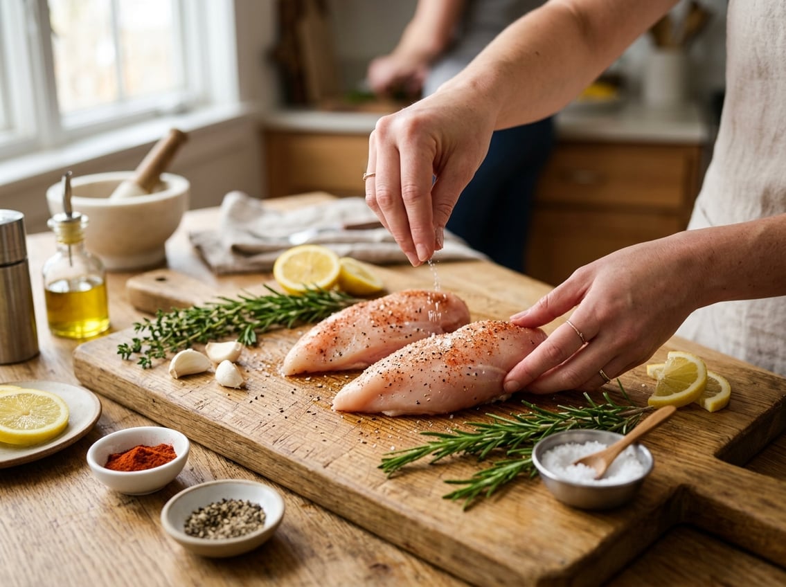 Close-up of raw chicken breasts on a cutting board with fresh herbs, garlic, lemon slices, and spices, being seasoned by hands in a kitchen.