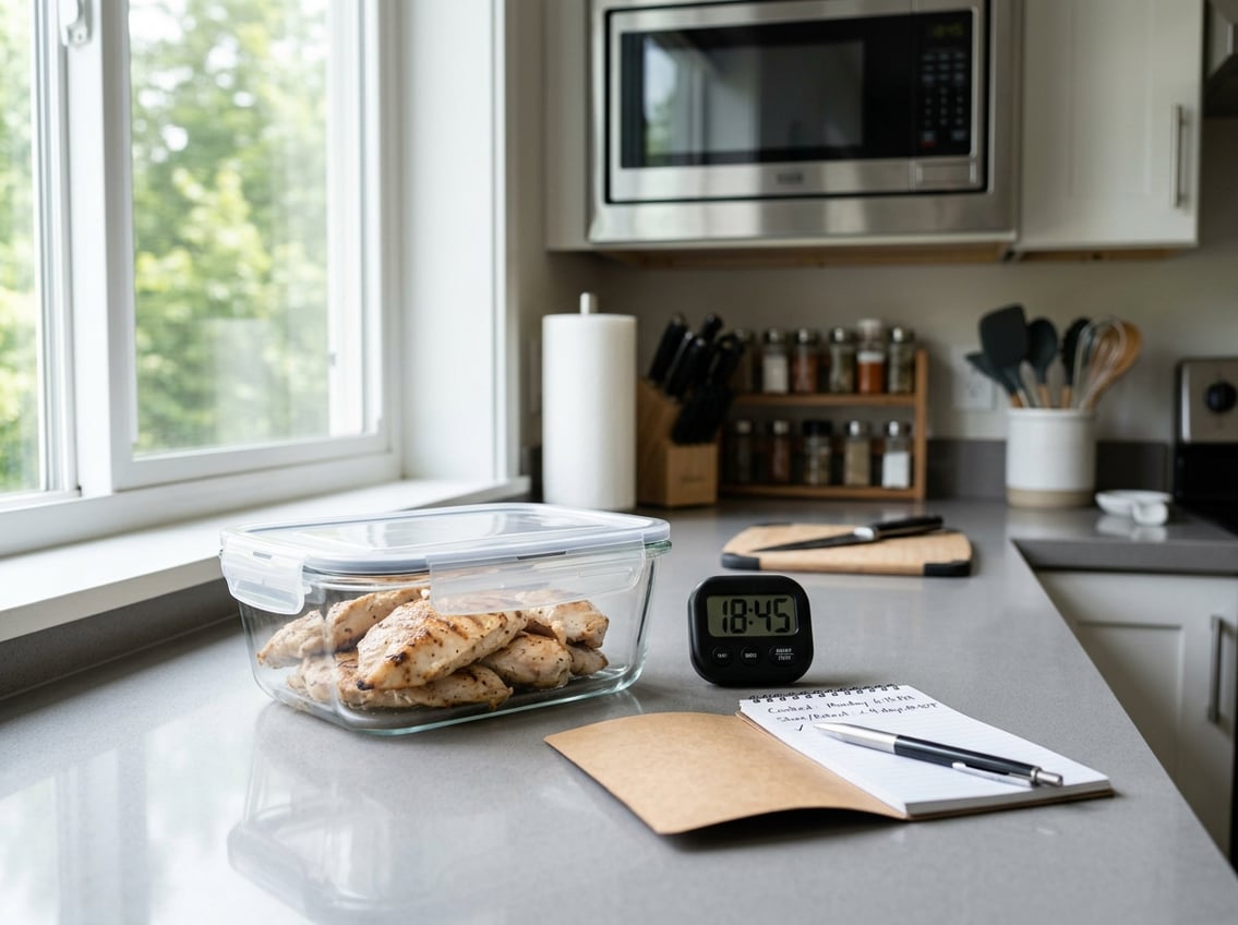 Cooked chicken breasts stored in a glass container on a kitchen countertop with a digital timer and notebook nearby.