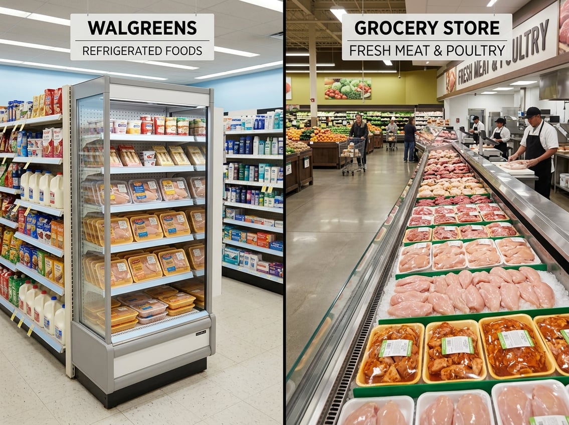 Interior view comparing packaged chicken breasts in a Walgreens store and fresh chicken breasts in a grocery store meat section.