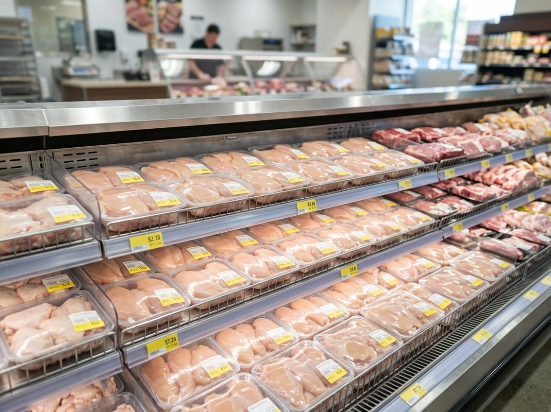 Fresh chicken breasts displayed on refrigerated shelves in a grocery store meat section.