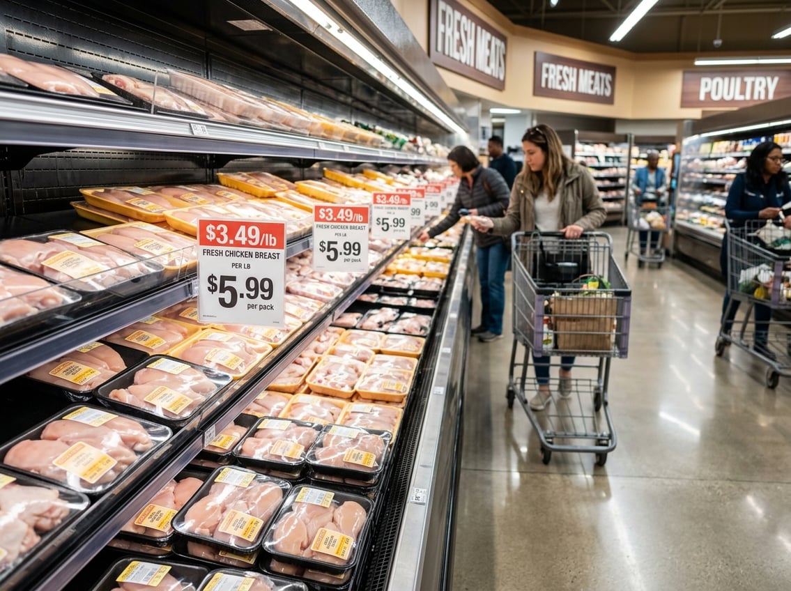 Supermarket aisle with neatly arranged packages of chicken breast and shoppers browsing the fresh meat section.