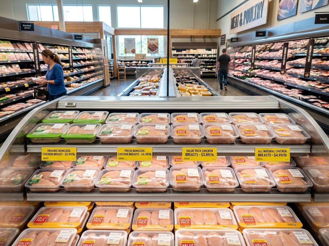 Supermarket meat section with packaged chicken breasts and visible price tags on refrigerated shelves.
