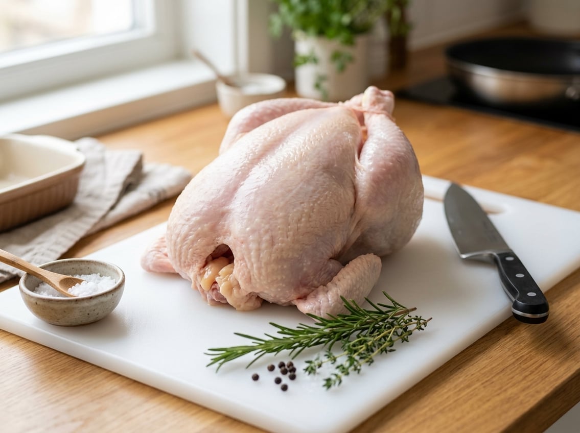 A whole raw chicken on a cutting board showing the breast area clearly, surrounded by herbs and a knife.