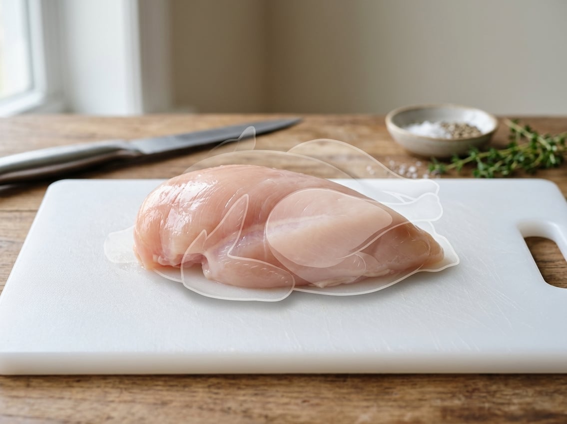 A raw chicken breast placed on a white cutting board with a faint outline of a whole chicken highlighting the breast area.