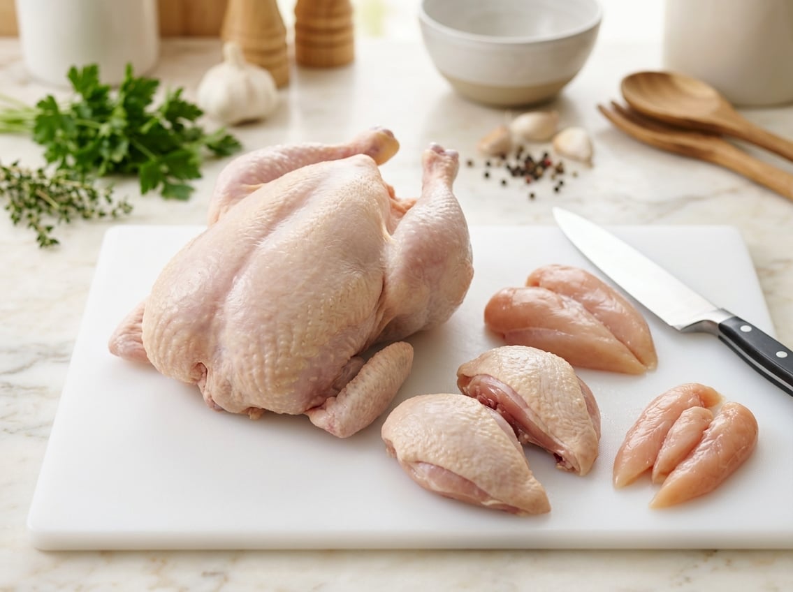 Raw whole chicken on a cutting board with various chicken breast cuts arranged around it in a kitchen setting.