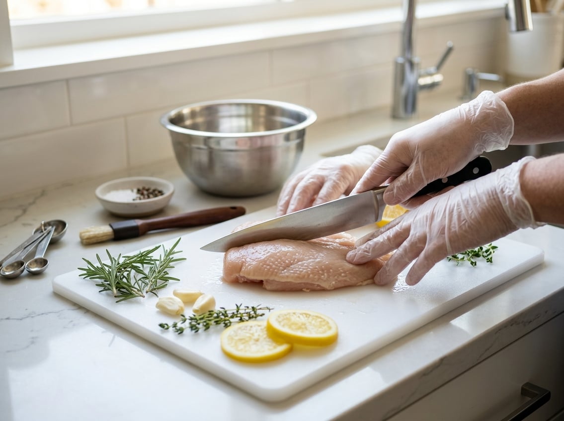 Hands wearing gloves cutting a raw chicken breast on a white cutting board with fresh herbs and lemon slices nearby in a kitchen.