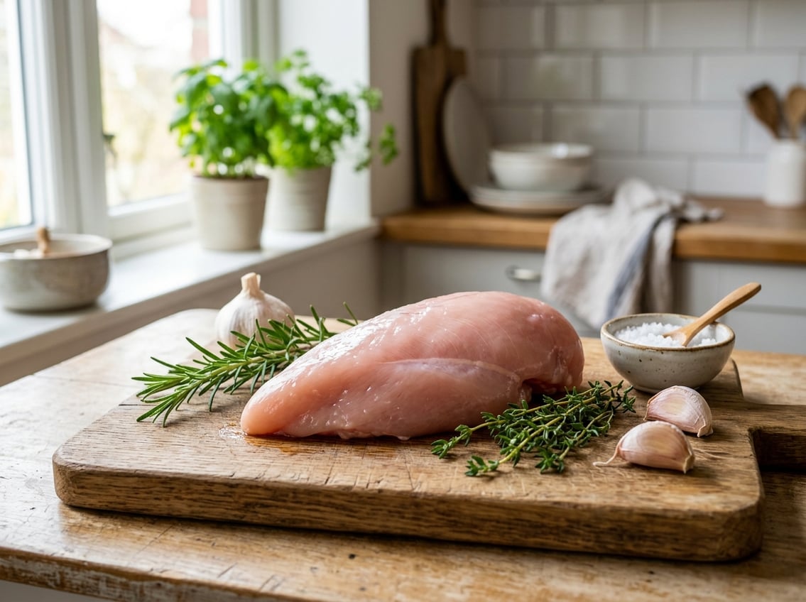 A raw chicken breast on a wooden cutting board with herbs and garlic cloves in a kitchen setting.