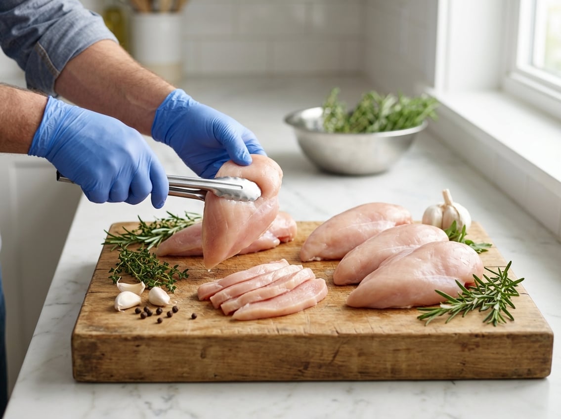 Hands selecting fresh chicken breast cuts on a wooden butcher block with herbs nearby.
