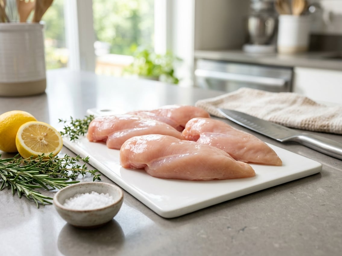 Fresh raw chicken breasts on a cutting board with herbs and lemon in a bright kitchen.