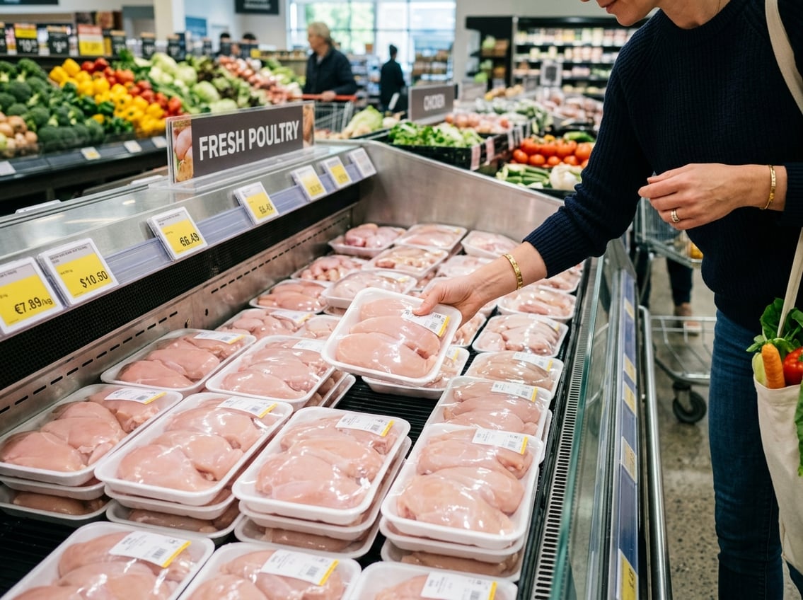 A person selecting fresh raw chicken breasts from a refrigerated display case in a grocery store.