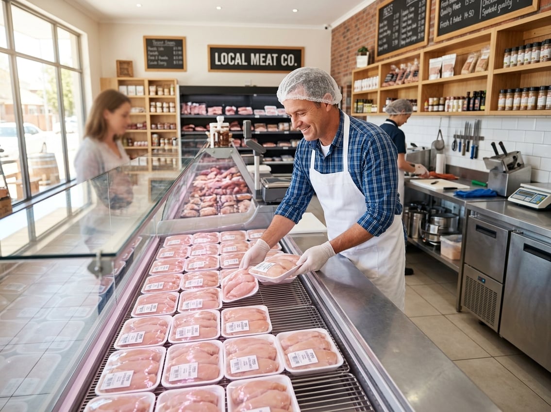 A butcher in a white apron handling fresh chicken breasts in a clean, well-lit meat market display.