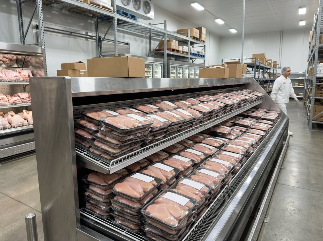 Neatly packed trays of raw chicken breasts in clear plastic packaging displayed in a clean wholesale market or warehouse setting.