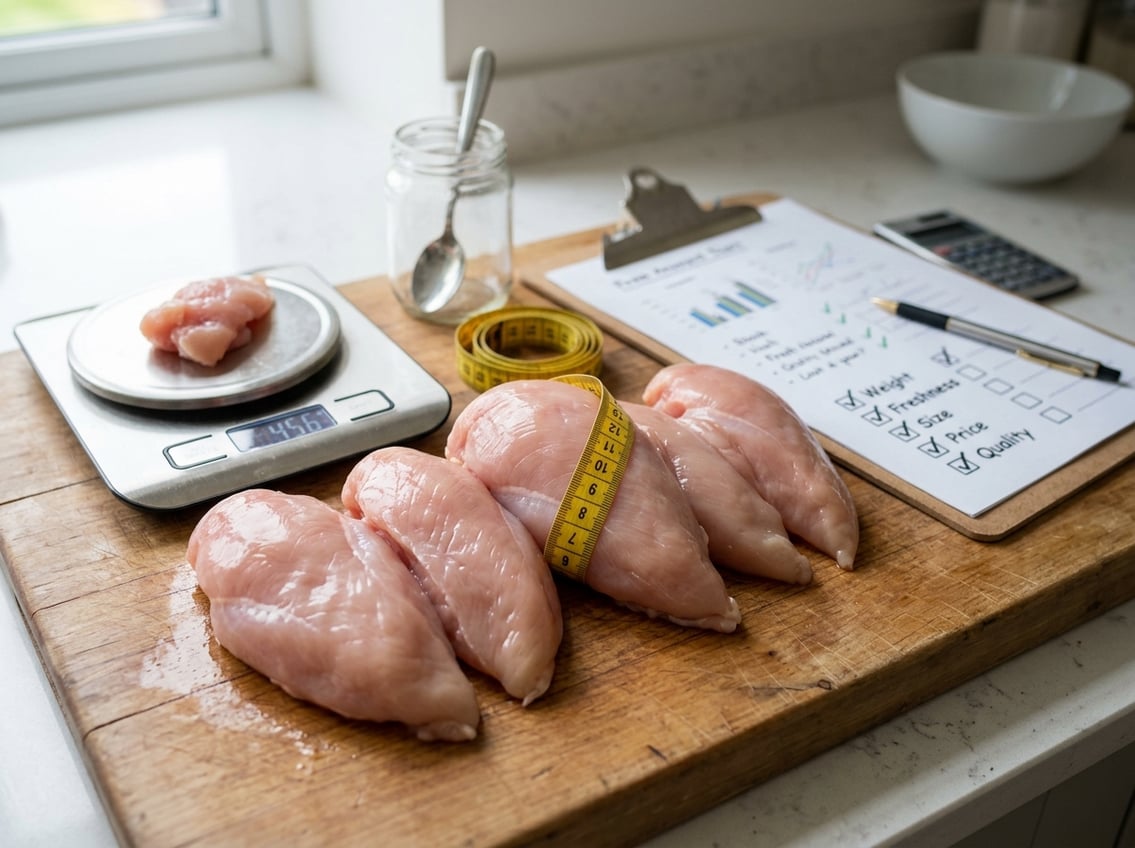 Close-up of fresh raw chicken breasts on a wooden cutting board with a digital scale, measuring tape, and a clipboard in the background.