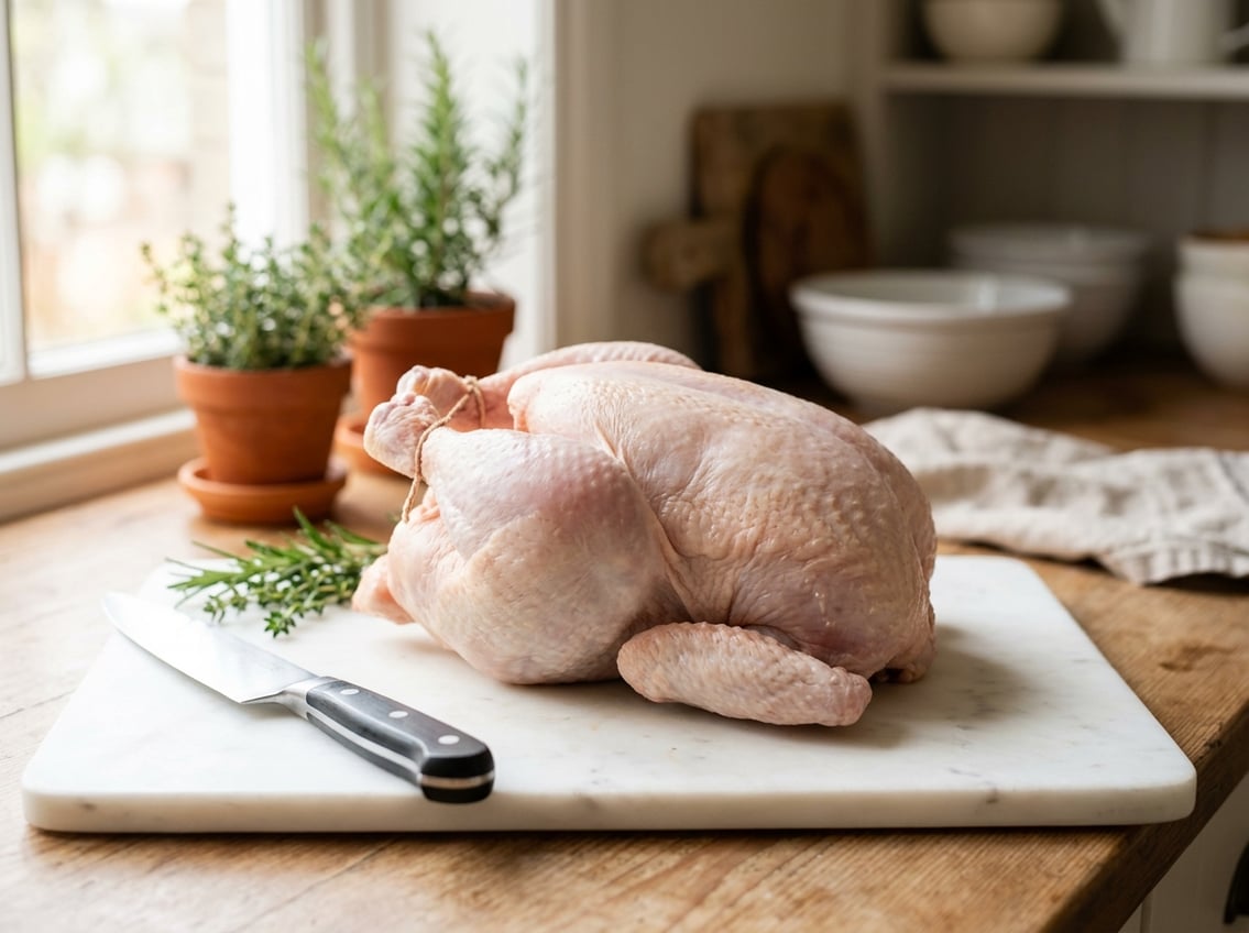 A whole raw chicken on a cutting board showing the breast area clearly.