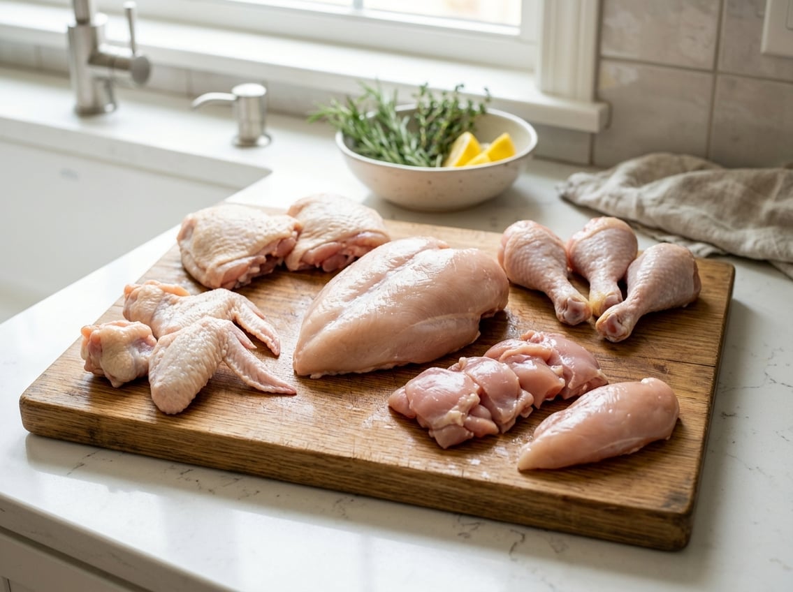 Raw chicken breast and other common chicken cuts arranged on a wooden cutting board in a kitchen setting.