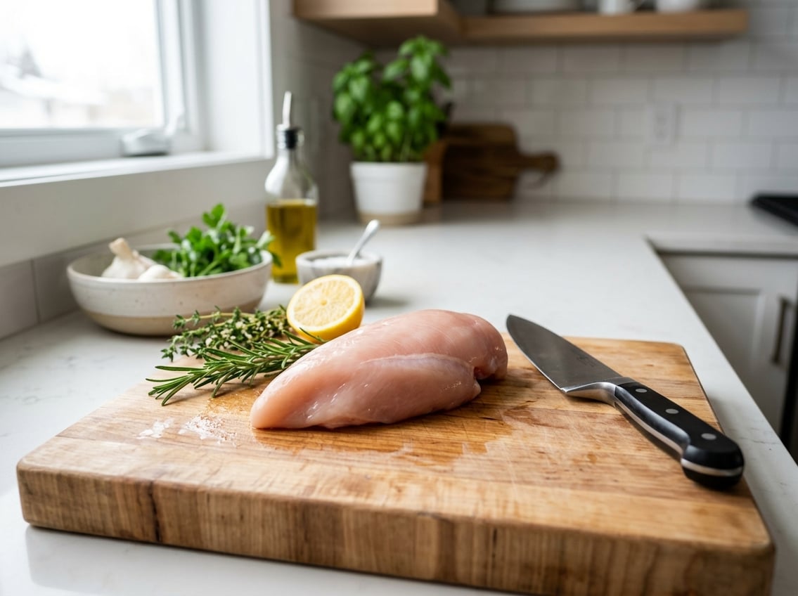A raw chicken breast on a wooden cutting board with fresh herbs and a chef's knife in a kitchen.