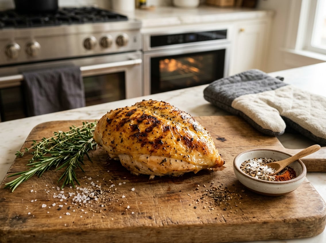 A close-up of a baked chicken breast on a cutting board with fresh herbs and kitchen tools nearby.