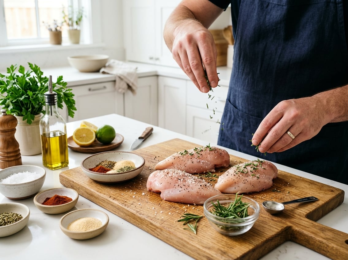 Hands seasoning raw chicken breasts on a cutting board with herbs and spices in a kitchen setting.