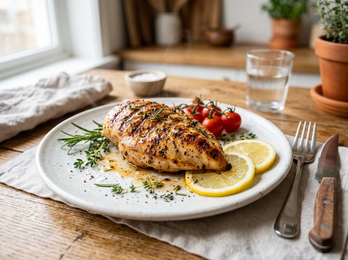 A juicy cooked chicken breast on a white plate garnished with herbs and lemon slices on a kitchen countertop.