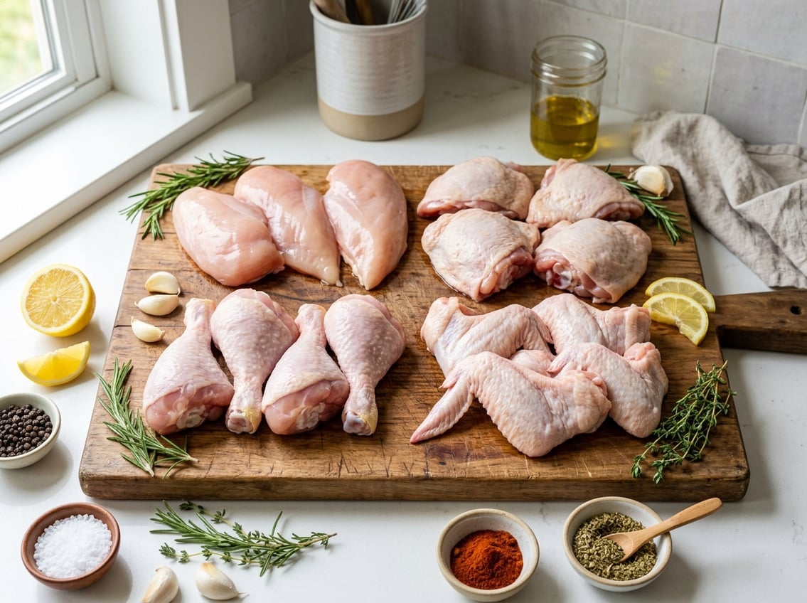 A variety of raw chicken cuts arranged on a wooden cutting board with fresh herbs, garlic, lemon slices, and spices on a kitchen countertop.