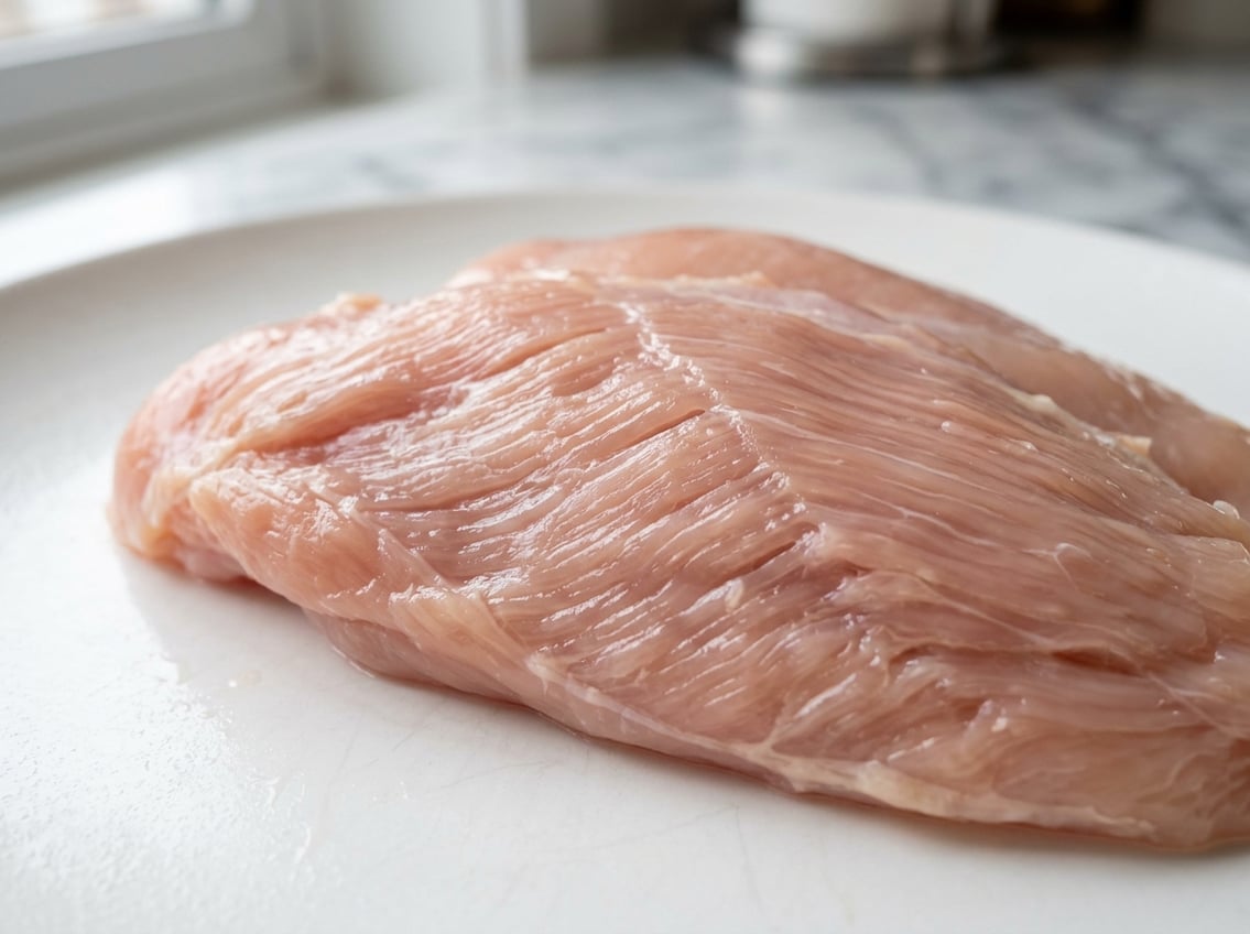 Close-up view of raw chicken breast showing detailed muscle fibers and texture.