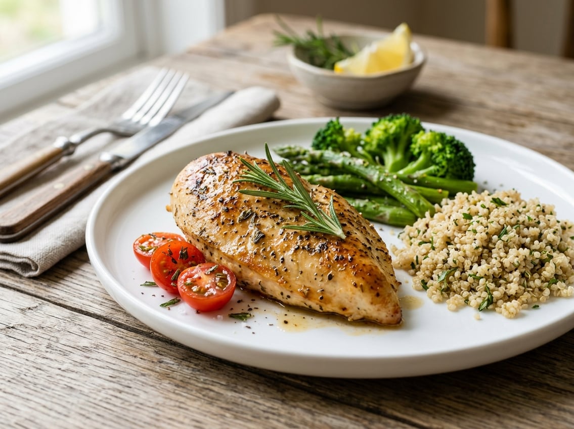 A cooked chicken breast on a white plate garnished with rosemary and cherry tomatoes, accompanied by quinoa and green vegetables on a wooden table.