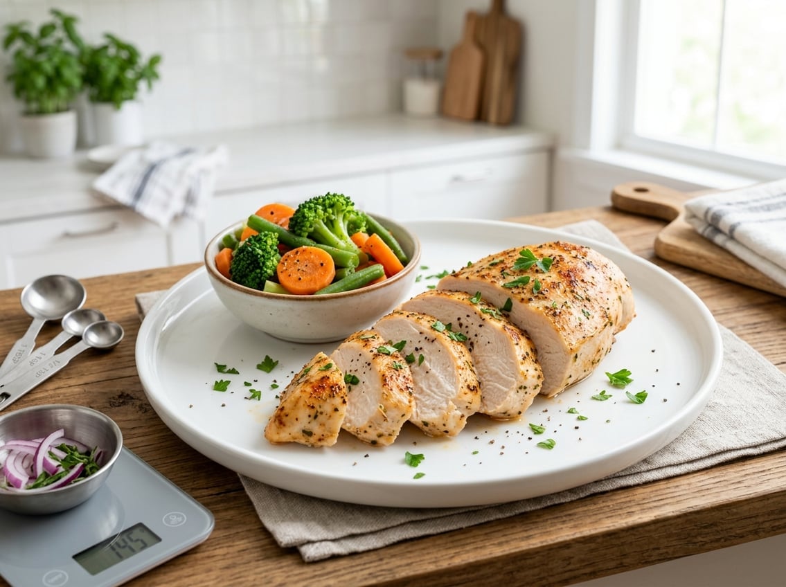 A close-up of a sliced cooked chicken breast on a white plate with measuring spoons nearby and a bowl of vegetables in the background.