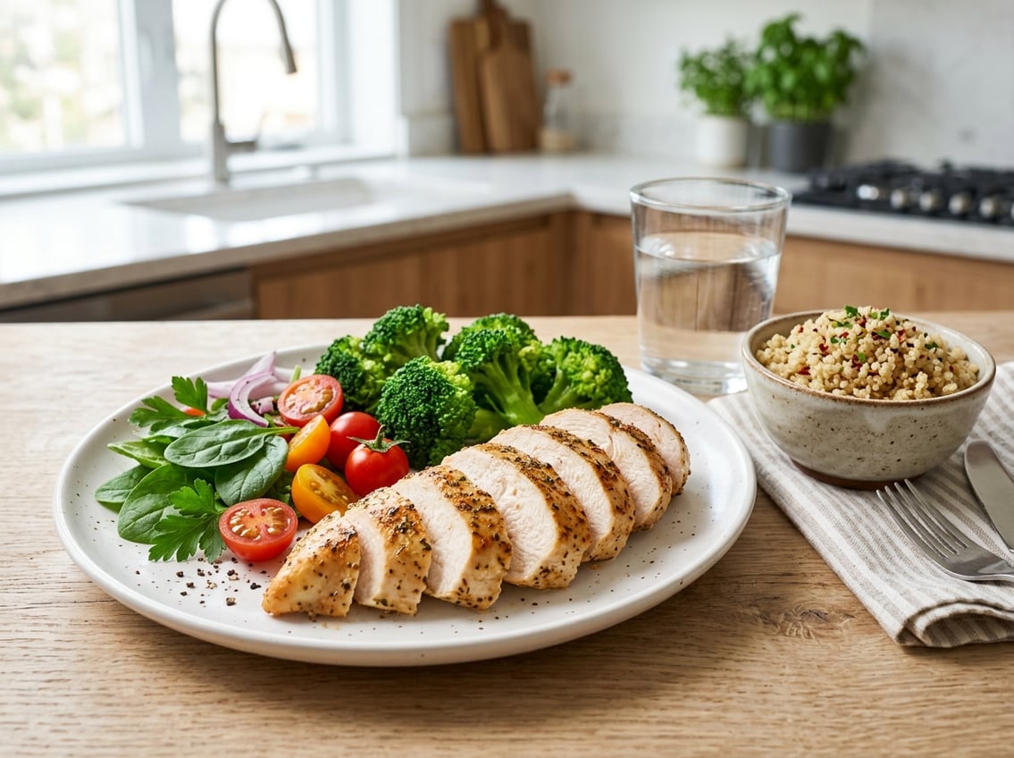 A cooked chicken breast sliced on a plate surrounded by fresh vegetables and a bowl of quinoa on a kitchen counter.