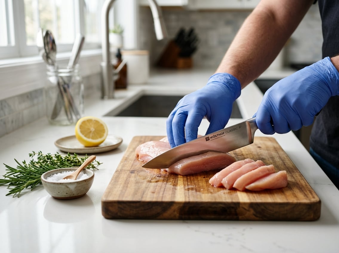Hands trimming a raw chicken breast on a wooden cutting board with a knife in a clean kitchen.