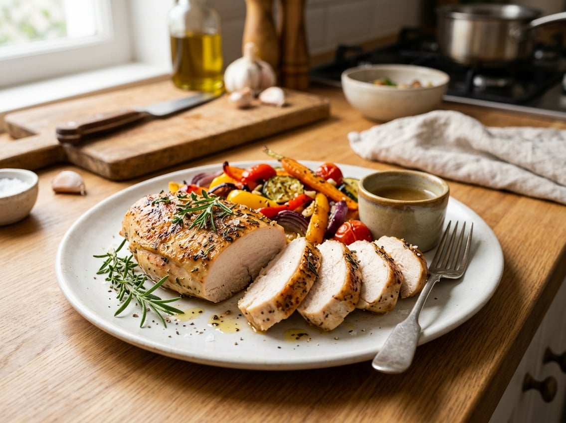Sliced cooked chicken breast on a plate with roasted vegetables and fresh herbs on a kitchen countertop.
