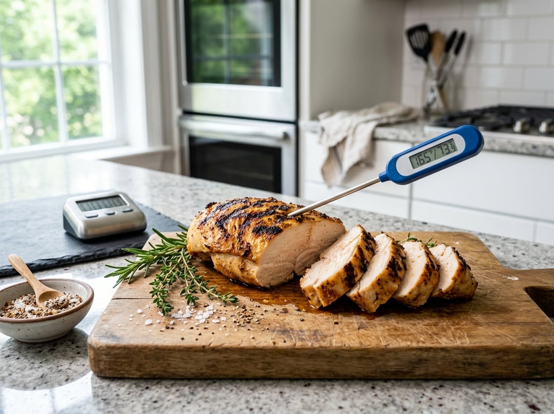 Close-up of a sliced cooked chicken breast on a kitchen countertop with a meat thermometer, kitchen timer, and fresh herbs nearby.
