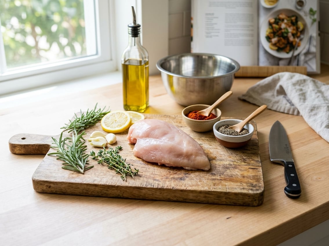 A kitchen countertop with a raw chicken breast on a cutting board surrounded by fresh herbs, spices, lemon slices, and cooking tools.