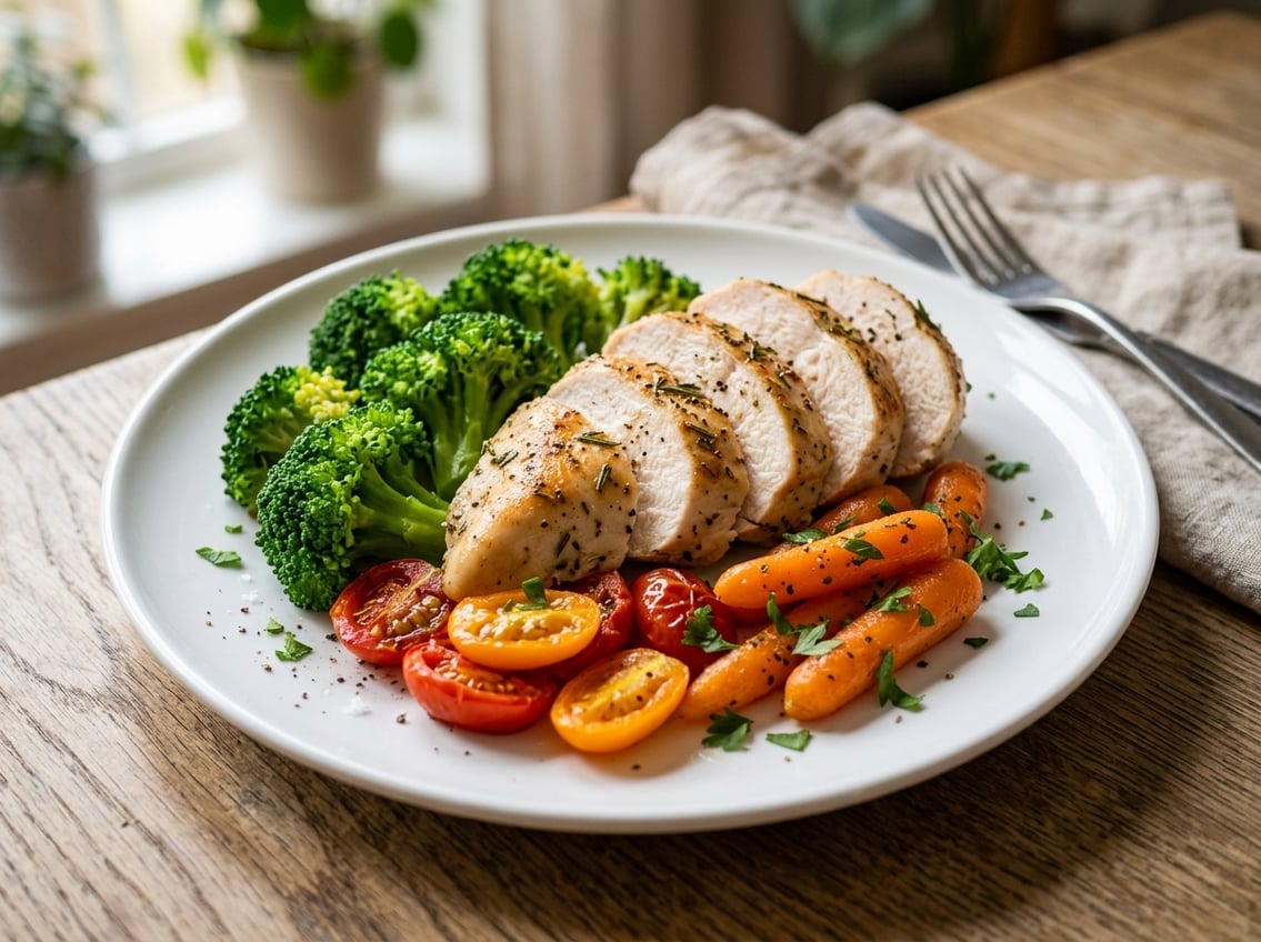 A sliced cooked chicken breast on a white plate with steamed broccoli, cherry tomatoes, and carrots.