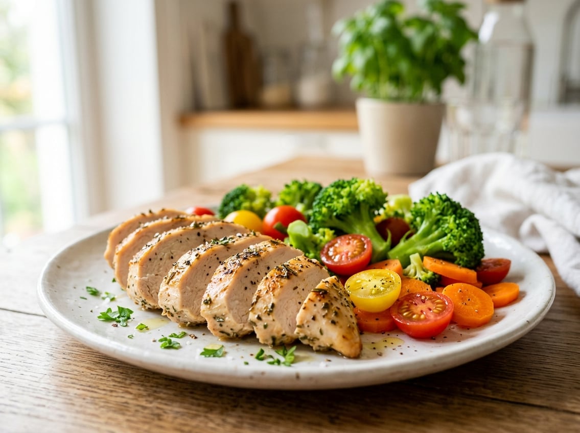 A plate with sliced cooked chicken breast accompanied by fresh vegetables like broccoli, cherry tomatoes, and carrots on a table in a bright kitchen.