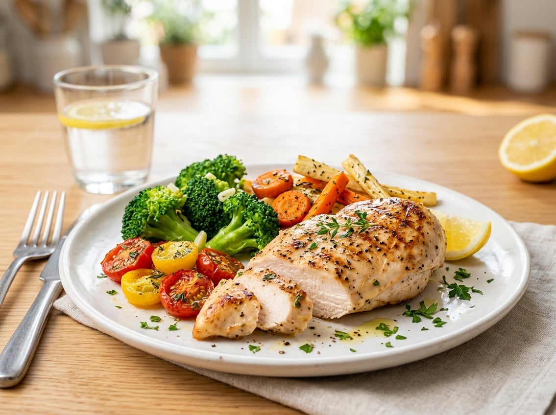 A cooked chicken breast on a plate with steamed broccoli, cherry tomatoes, and sliced carrots.