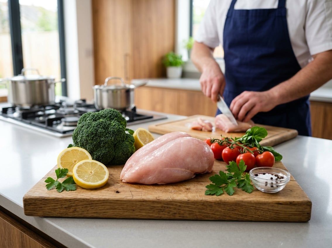 A fresh chicken breast on a cutting board surrounded by vegetables with a person preparing it in a bright kitchen.