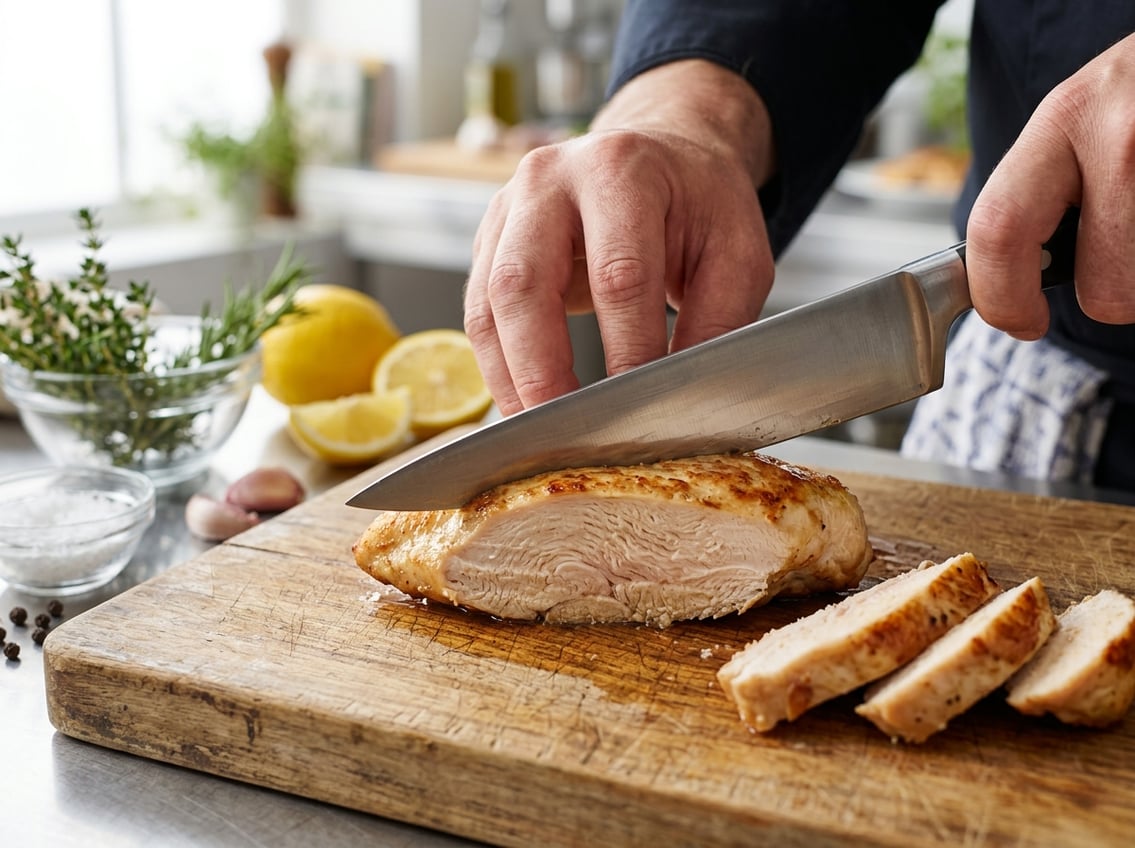 Close-up of a cooked chicken breast being sliced on a wooden cutting board with fresh herbs and lemon slices in the background.