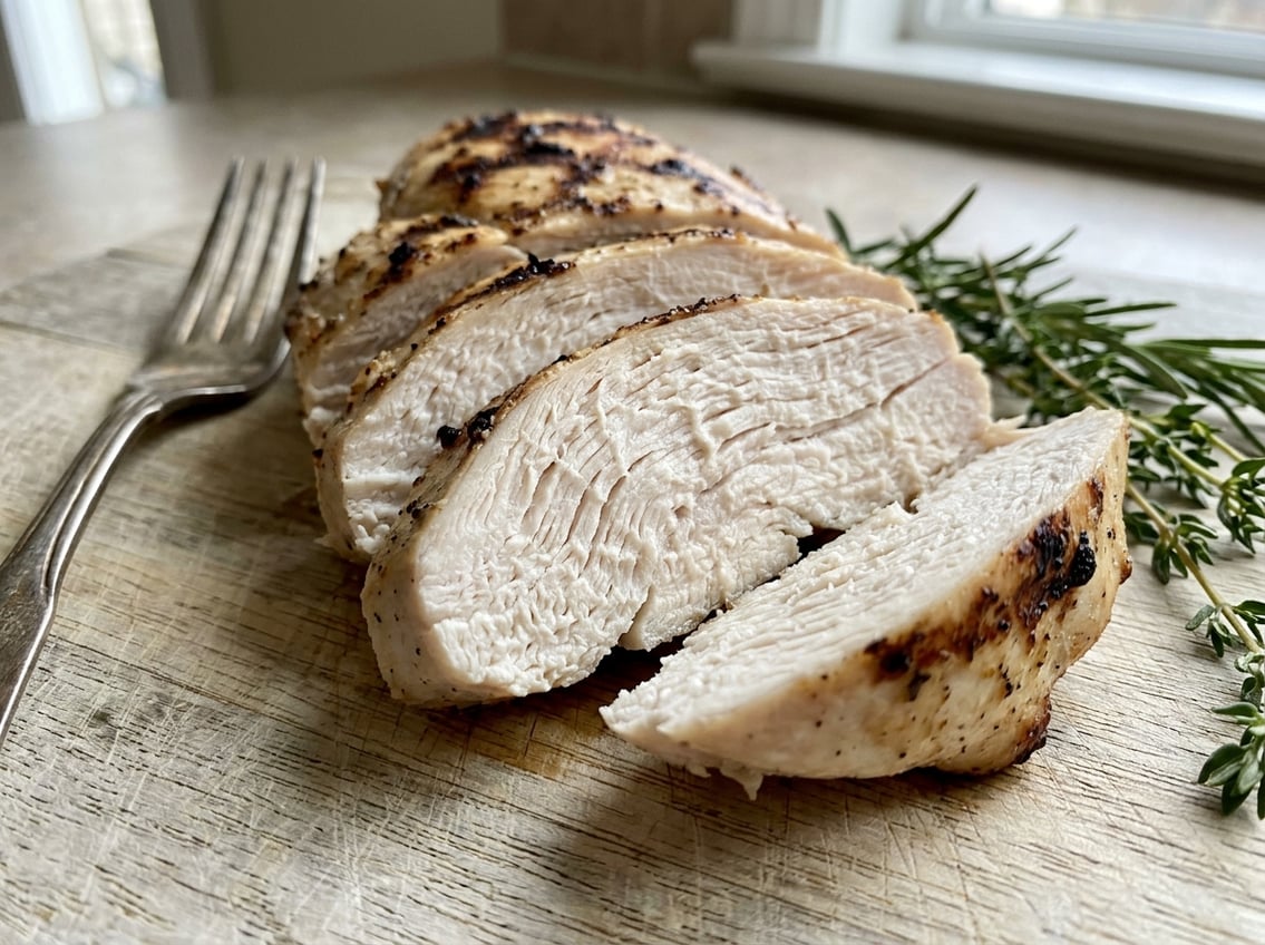 Close-up of a sliced cooked chicken breast showing a dense, rubbery texture on a cutting board with a fork and fresh herbs nearby.