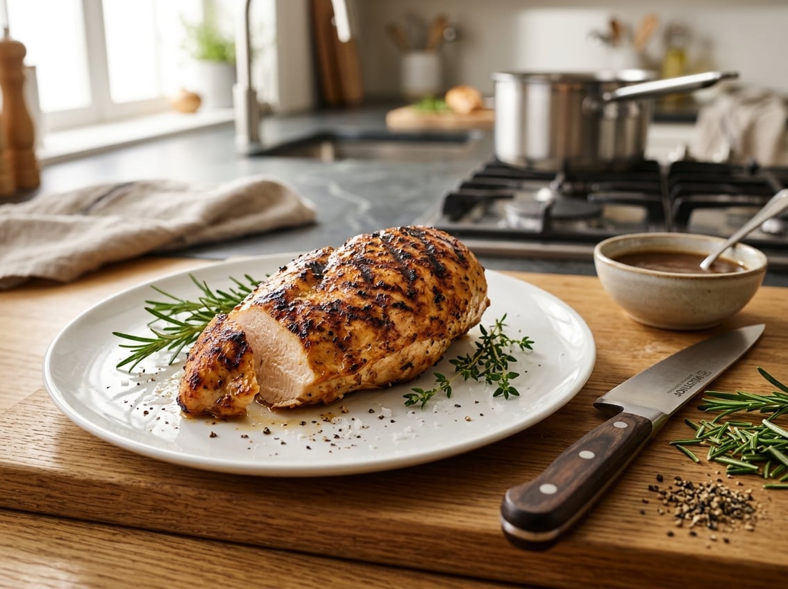 A cooked chicken breast on a white plate with herbs and a knife on a wooden cutting board in a kitchen setting.